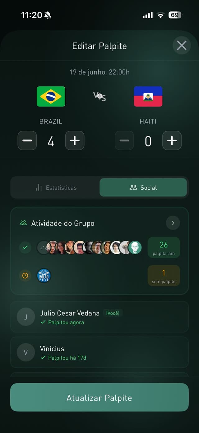 Tela de palpites