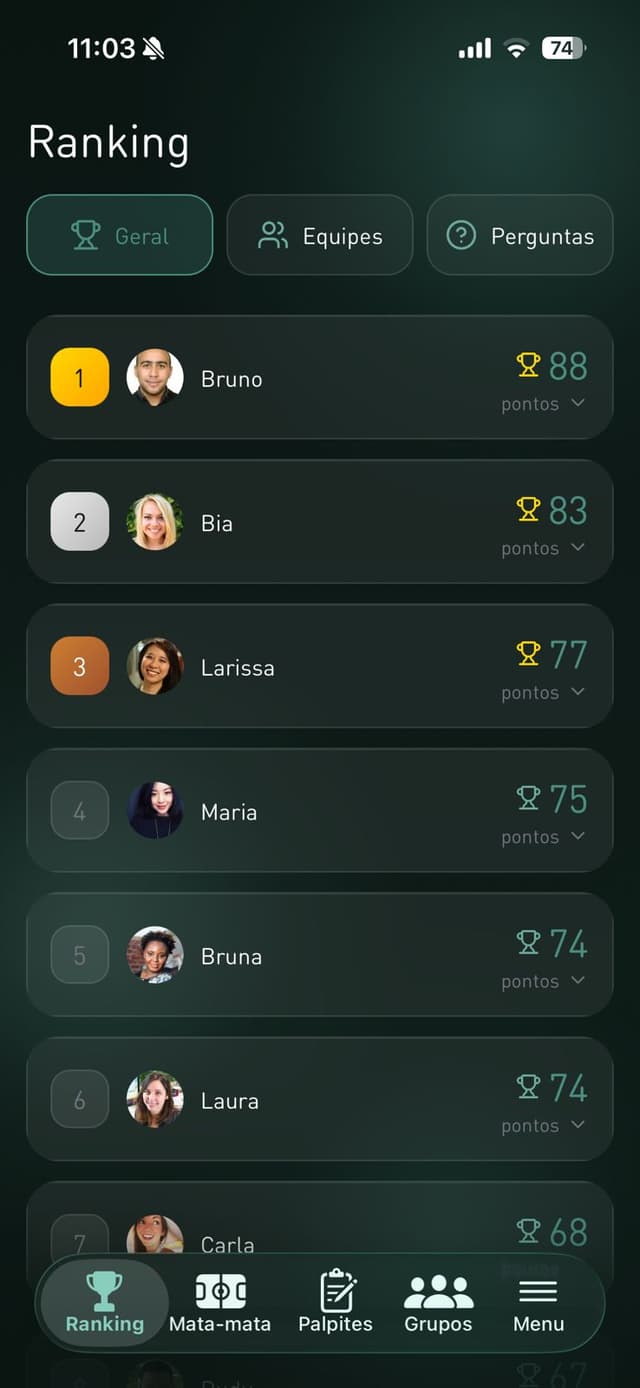 Tela de ranking do Bolão de Futebol
